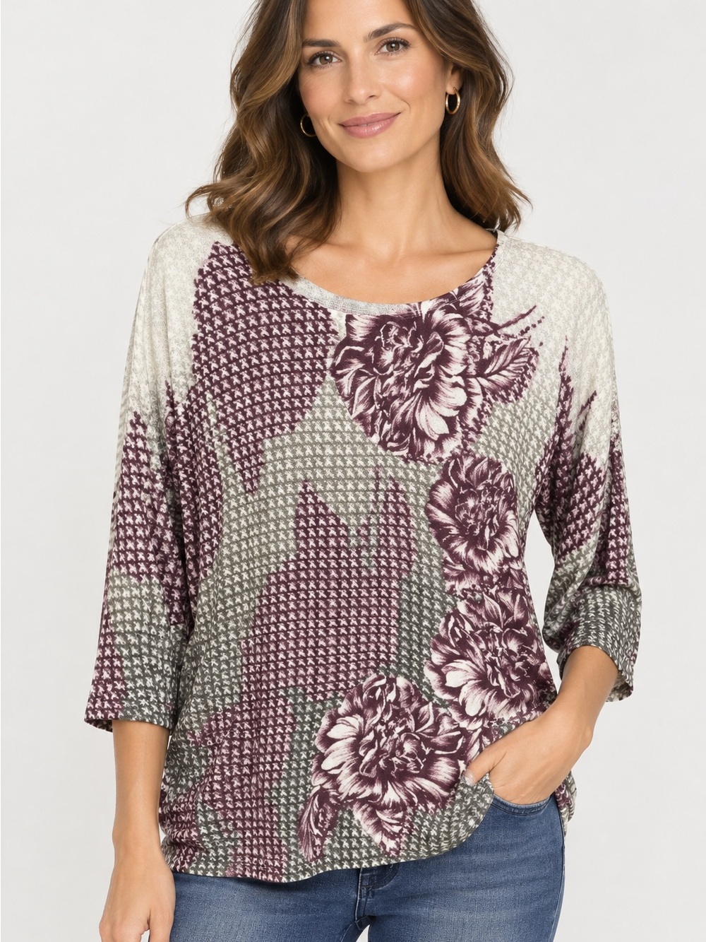 Chico's Purple Floral Houndstooth Knit 3/4 Sleeve Top Size 2 (Large)